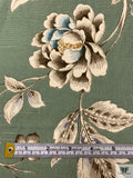 Floral Leaf Branches and Birds Printed Linen-Weave Cotton - Vintage Sage / Blue / Taupe / Sand