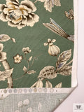 Floral Leaf Branches and Birds Printed Linen-Weave Cotton - Vintage Sage / Blue / Taupe / Sand