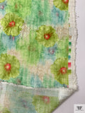 Floral Printed Novelty Crinkled Gauze with Lurex - Greens / Coral Pink / Champagne Gold