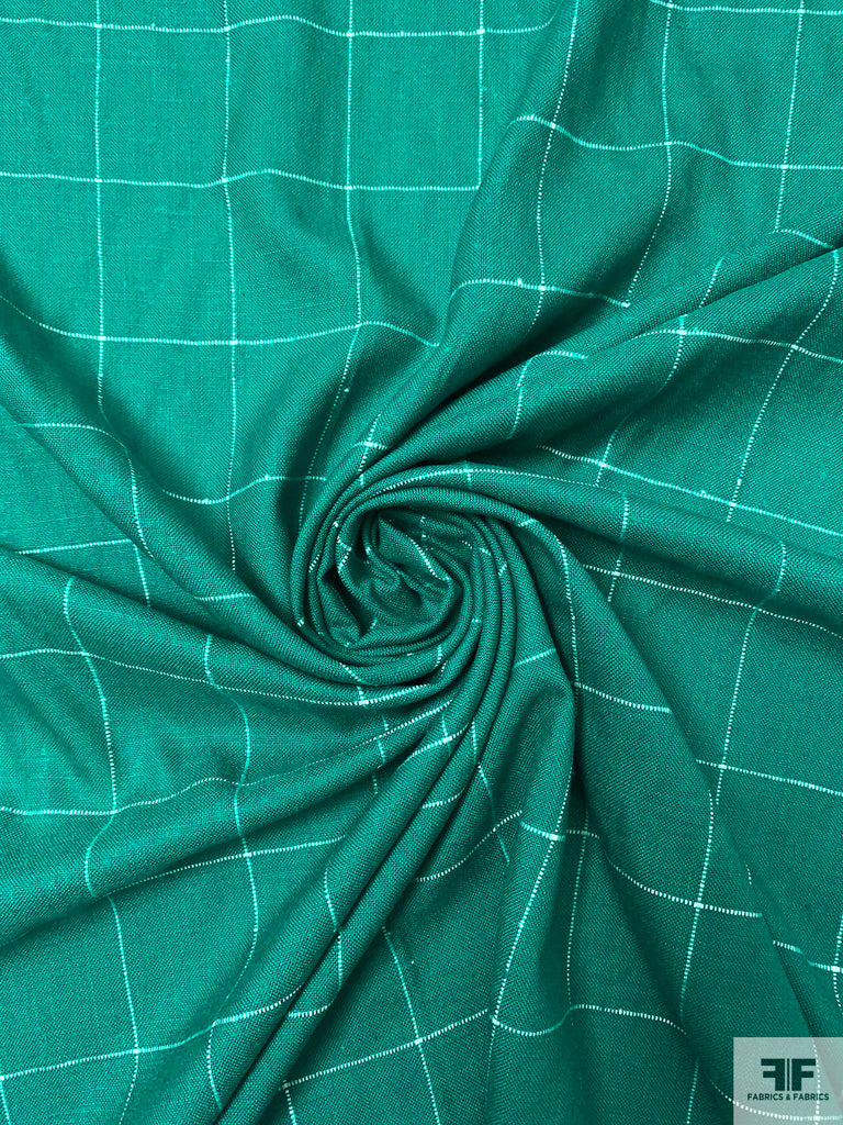 Windowpane Yarn-Dyed Linen-Weave Cotton Blend Suiting - Deep Jade Green ...
