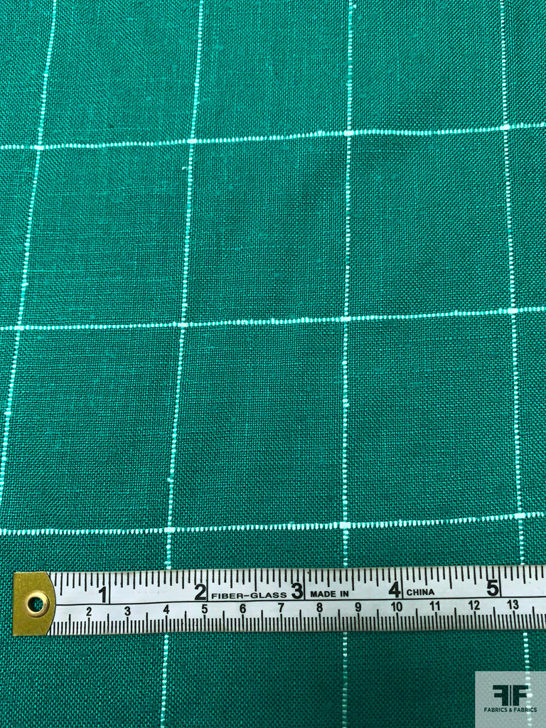Windowpane Yarn-Dyed Linen-Weave Cotton Blend Suiting - Deep Jade Green ...