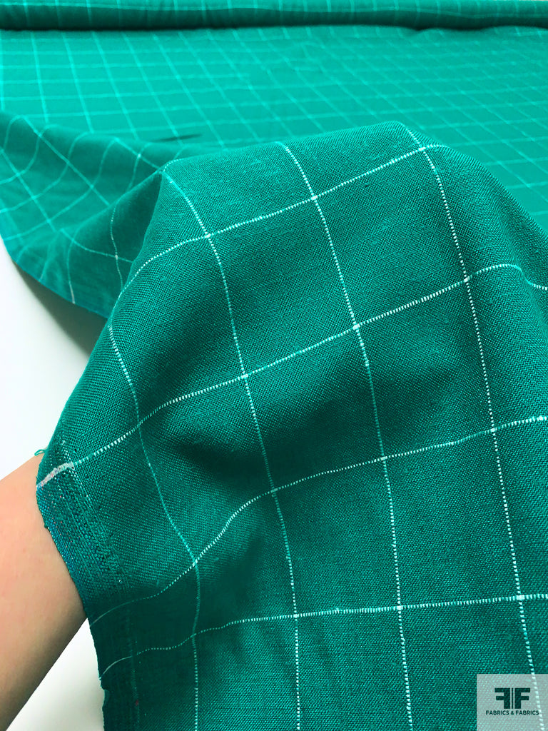 Windowpane Yarn-Dyed Linen-Weave Cotton Blend Suiting - Deep Jade Green ...
