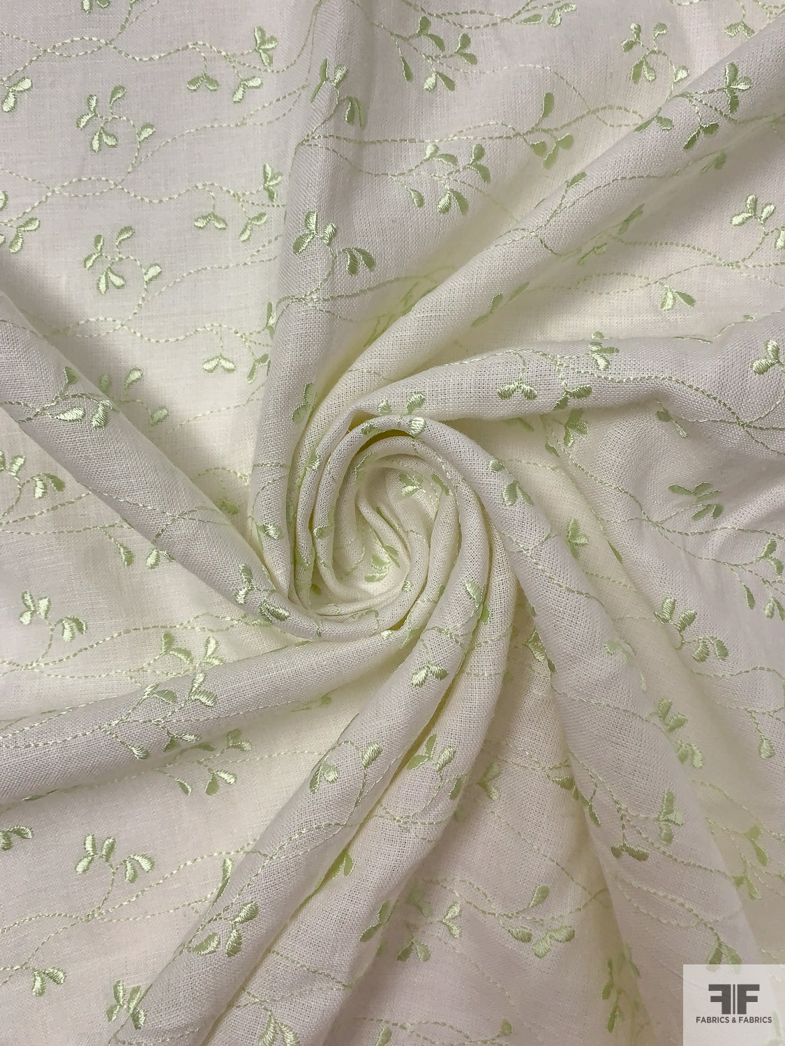 Vine Embroidered Cotton-Linen Fashion Suiting - Pastel Green / Off-White - Fabric by the Yard Vine Embroidered Cotton-Linen Fashion Suiting - Pastel Green / Off-White - Fabric by the Yard