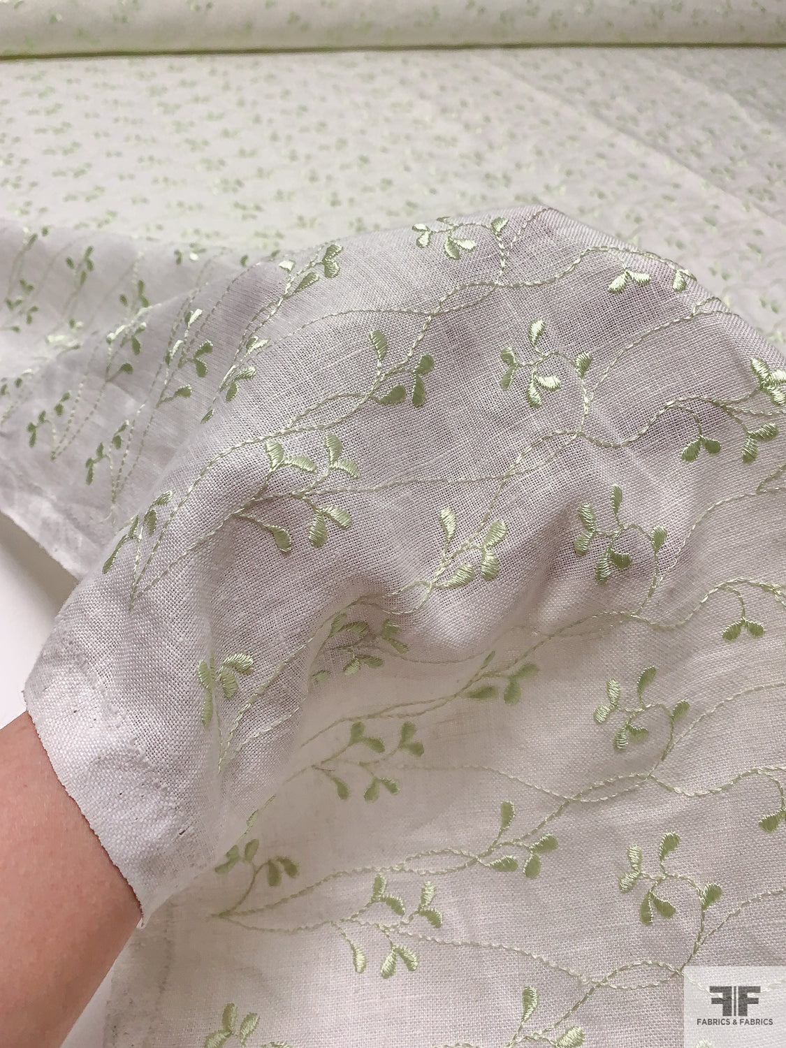 Vine Embroidered Linen-Weave Fashion Suiting - Pastel Green / Off-White | FABRICS & FABRICS Fabrics & Fabrics Vine Embroidered Linen-Weave Fashion Suiting - Pastel Green / Off-White | FABRICS & FABRICS Fabrics & Fabrics
