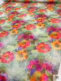 Italian Painterly Floral Printed Shimmer Linen-Nylon Novelty - Green / Pinks / Orange / Purples