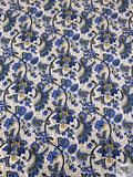 Italian Ornate Floral Vine Printed Double Face Satin - Indigo Blue / Ochre / Black / Beige