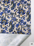 Italian Ornate Floral Vine Printed Double Face Satin - Indigo Blue / Ochre / Black / Beige