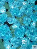 Floral Printed Polyester Zibeline - Aquamarine Blue / Green / Black