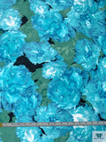 Floral Printed Polyester Zibeline - Aquamarine Blue / Green / Black