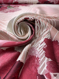 Stencil Wavy Lines and Floral Printed Silk-Wool Mikado - Cranberry / Off-White / Green