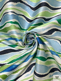 Painterly Striations Printed Silk-Wool Mikado - Greens / Blues / Navy / Light Ivory