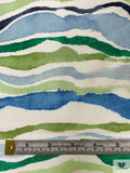 Painterly Striations Printed Silk-Wool Mikado - Greens / Blues / Navy / Light Ivory