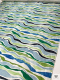 Painterly Striations Printed Silk-Wool Mikado - Greens / Blues / Navy / Light Ivory