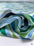 Painterly Striations Printed Silk-Wool Mikado - Greens / Blues / Navy / Light Ivory