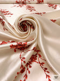 Romantic Floral Branches Printed Silk-Wool Mikado - Reds / Champagne White