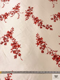 Romantic Floral Branches Printed Silk-Wool Mikado - Reds / Champagne White