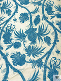 Ornate Branch Vines Printed Cotton-Silk Mikado - Deep Turquoise / Ivory