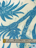 Ornate Branch Vines Printed Cotton-Silk Mikado - Deep Turquoise / Ivory