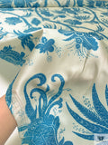 Ornate Branch Vines Printed Cotton-Silk Mikado - Deep Turquoise / Ivory