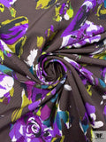 Italian Floral Graphic Printed Cotton-Silk Faille - Brown / Violet / Olive / White / Black