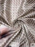 Stencil Wavy Lines and Floral Printed Silk-Wool Mikado - Taupe / Light Brown / Olive / Pearl White
