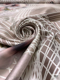 Stencil Wavy Lines and Floral Printed Silk-Wool Mikado - Taupe / Light Brown / Olive / Pearl White
