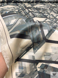 Crystal Mirrored Printed Double Face Silk Satin - Shades of Grey / Ivory