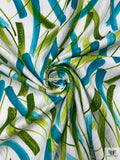 Made in Switzerland Brushstroke Streaks Printed Cotton Jacquard Brocade - Turquoise / Pear Green / White