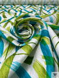 Made in Switzerland Brushstroke Streaks Printed Cotton Jacquard Brocade - Turquoise / Pear Green / White