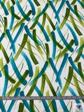 Made in Switzerland Brushstroke Streaks Printed Cotton Jacquard Brocade - Turquoise / Pear Green / White