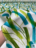 Made in Switzerland Brushstroke Streaks Printed Cotton Jacquard Brocade - Turquoise / Pear Green / White