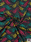 Squiggle Embroidered Polyester Matte Satin - Black / Green / Raspberry / Yellow