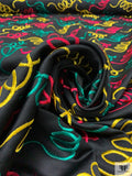 Squiggle Embroidered Polyester Matte Satin - Black / Green / Raspberry / Yellow