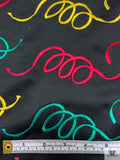 Squiggle Embroidered Polyester Matte Satin - Black / Green / Raspberry / Yellow