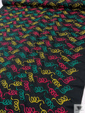 Squiggle Embroidered Polyester Matte Satin - Black / Green / Raspberry / Yellow