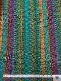 Italian Ethno-Geometric Matelassé Metallic Brocade - Teal Water Green / Burnt Orange / Purple