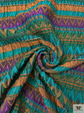 Italian Ethno-Geometric Matelassé Metallic Brocade - Teal Water Green / Burnt Orange / Purple