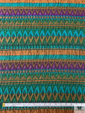 Italian Ethno-Geometric Matelassé Metallic Brocade - Teal Water Green / Burnt Orange / Purple