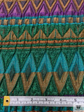 Italian Ethno-Geometric Matelassé Metallic Brocade - Teal Water Green / Burnt Orange / Purple