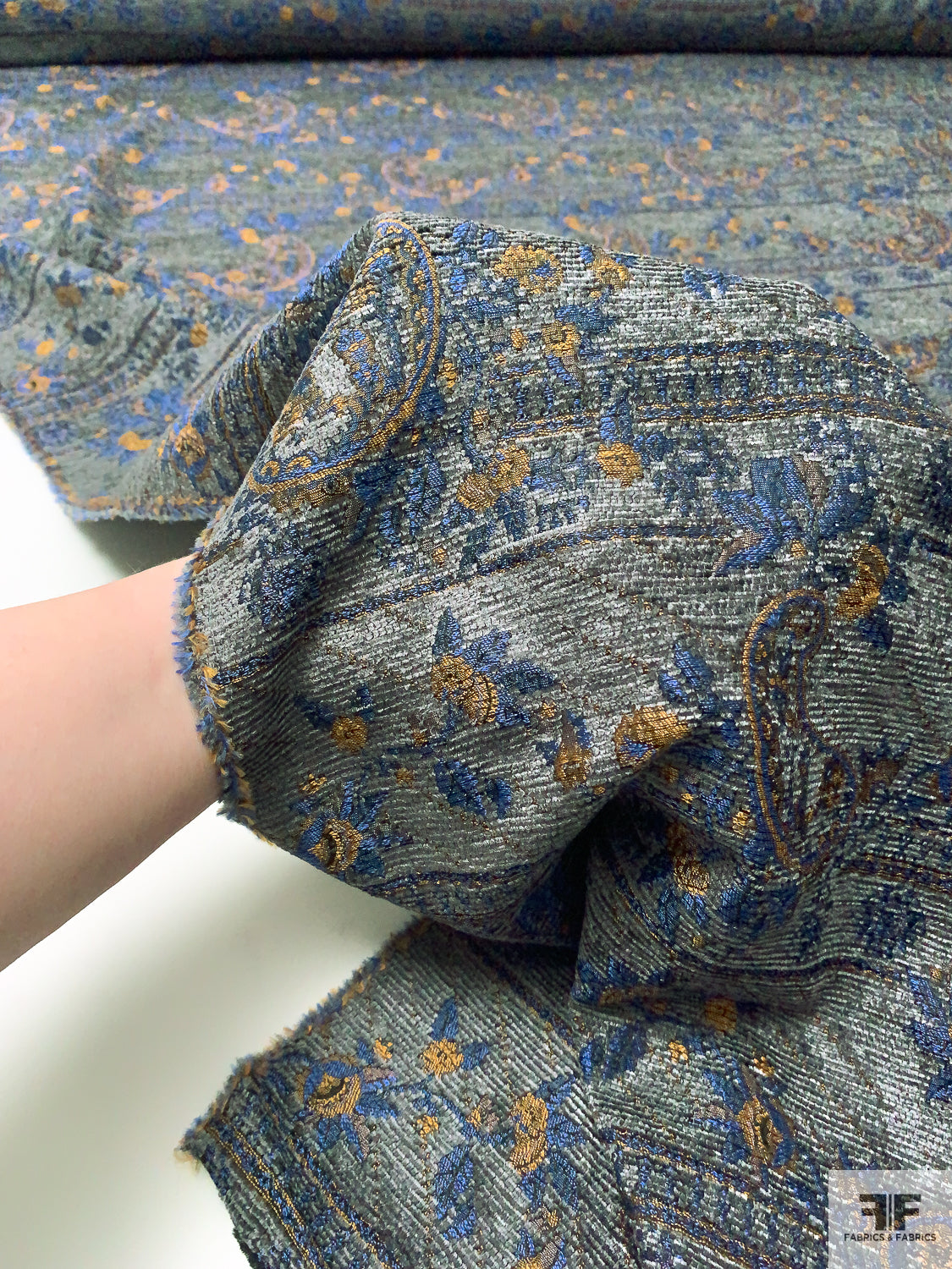 French Floral Paisley Chenille Brocade - Steel Grey/Blue/Tangerine ...