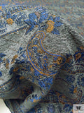 French Floral Paisley Chenille Brocade - Steel Grey / Blue / Tangerine Orange