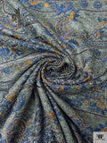 French Floral Paisley Chenille Brocade - Steel Grey / Blue / Tangerine Orange