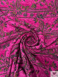 French Floral Paisley Chenille Brocade - Fuchsia / Green / Tangerine Orange