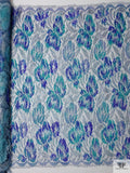 French Metallic Printed Chantilly Lace - Blue / Aqua / Silver