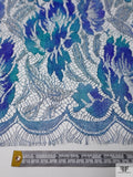 French Metallic Printed Chantilly Lace - Blue / Aqua / Silver