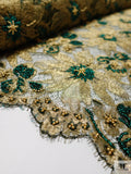 French Metallic Lace with Beads and Pearls - Gold / Green