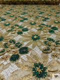 French Metallic Lace with Beads and Pearls - Gold / Green