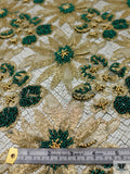 French Metallic Lace with Beads and Pearls - Gold / Green