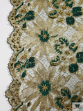 French Metallic Lace with Beads and Pearls - Gold / Green