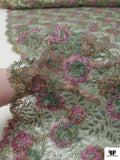 French Floral Metallic Lace with Organza Ribbon Work - Dusty Sage / Dusty Orchid